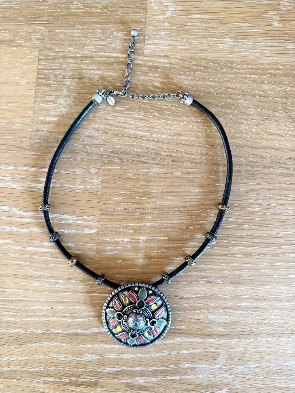Chico’s Leather Cord Medallion Statement Necklace Multicolor Rhinestone Pendant